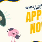 A cartoon megaphone and brain reading a book, with words: Glushko Prize Apply Now